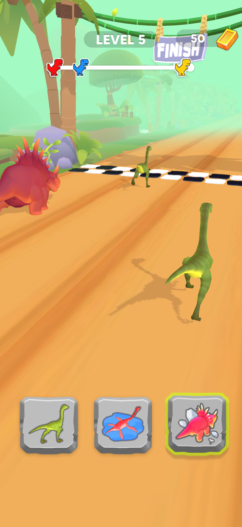 Dino Race: Dinosaur Games - Un Triceratops rojo y dinosaurios de cuello largo compitiendo en una pista tropical con íconos de cambio de personaje en la parte inferior.
