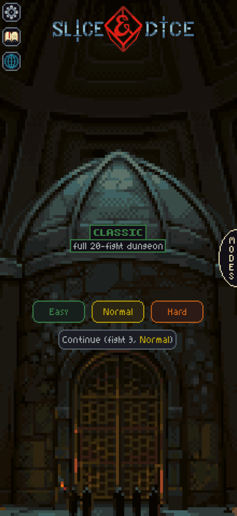 Slice & Dice - Hauptmenü-Bildschirm des Spiels Slice and Dice, der die Auswahl des klassischen Modus und die Schwierigkeitsgrade zeigt