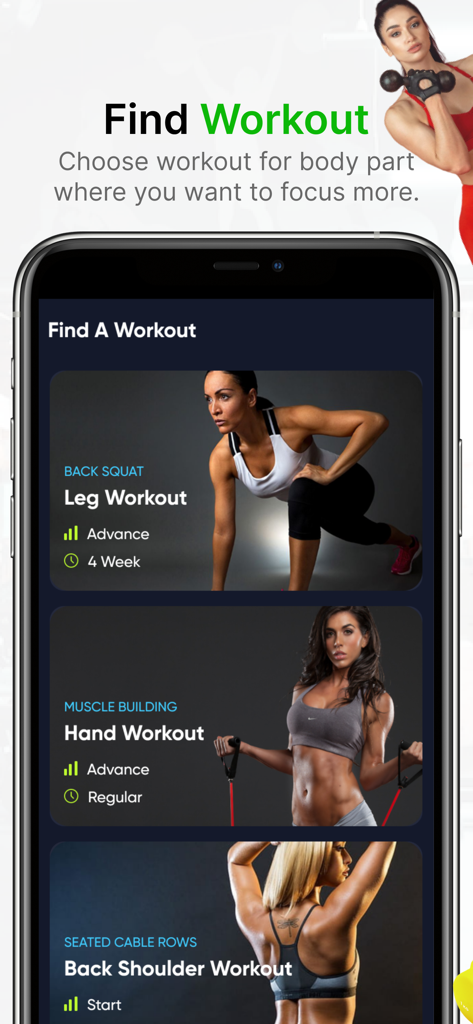 30 days Excercise challenge - Pantalla de selección de entrenamiento en la aplicación Desafío de Ejercicio de 30 días que muestra opciones para ejercicios de piernas, manos, espalda y hombros
