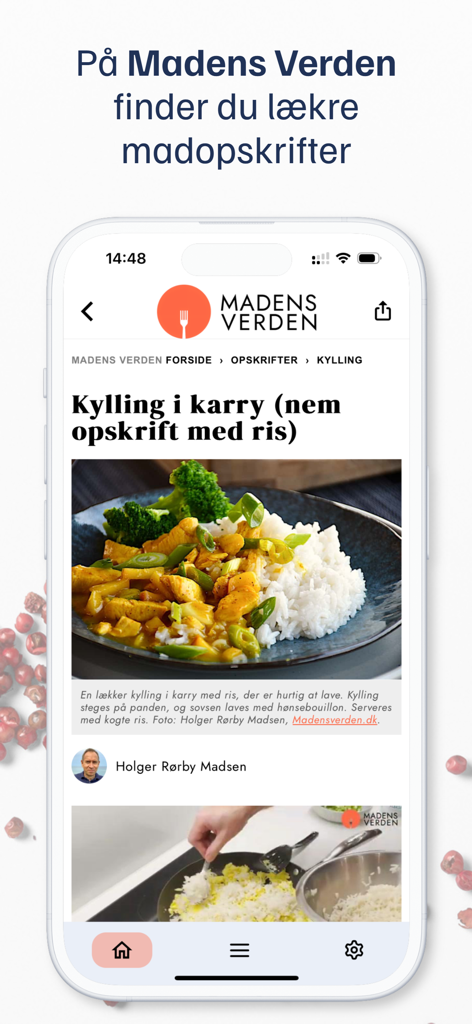 Madens Verden - Madens Verden app screen showing a simple chicken curry and rice recipe with a minimalist design.