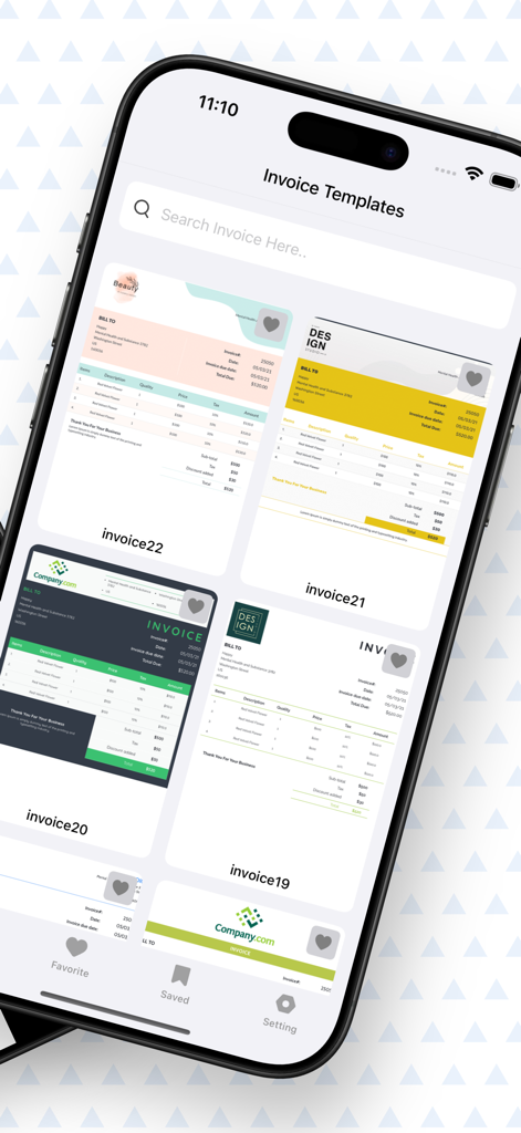 Invoice Maker – Easy Bill PDF - 携帯電話の画面に表示されるプロフェッショナルな請求書テンプレートのセレクション