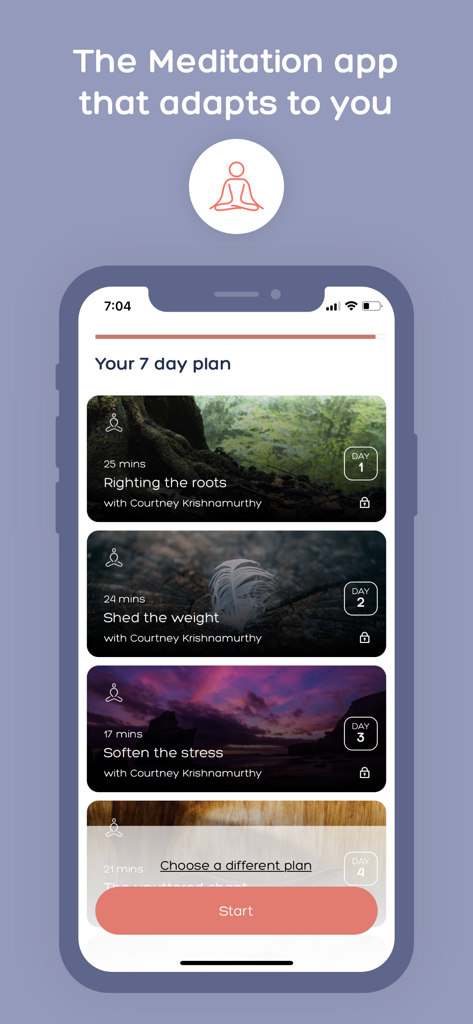 AUMHUM Self-Care & Sleep - AUMHUM app interface showing a personalized 7 day meditation plan with guided sessions.