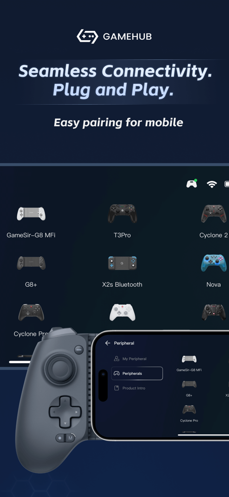 GameHub app showing seamless connectivity for GameSir mobile gaming controllers.