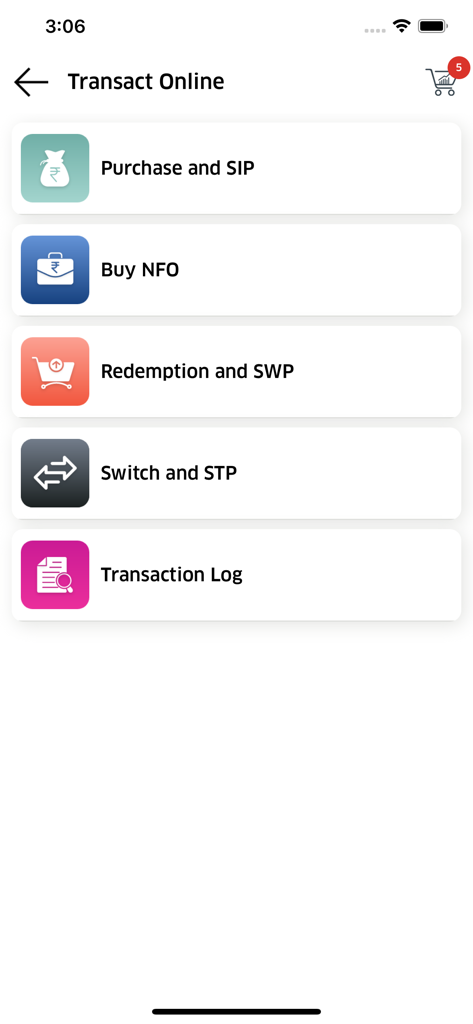 Wealth Elite - Wealth Elite app online transaction menu with options for SIP and mutual fund management