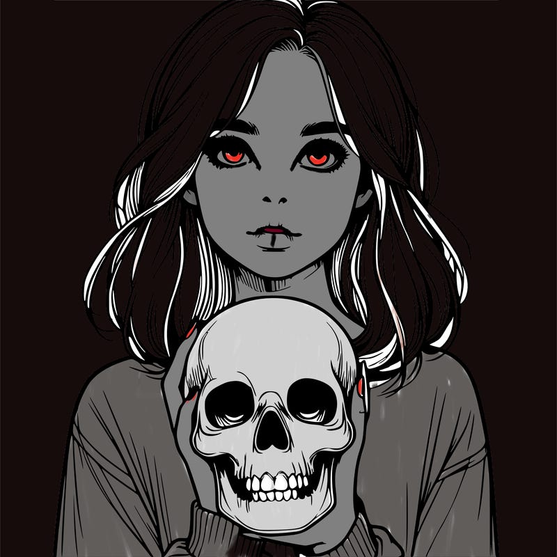 realistic girl holding a skull