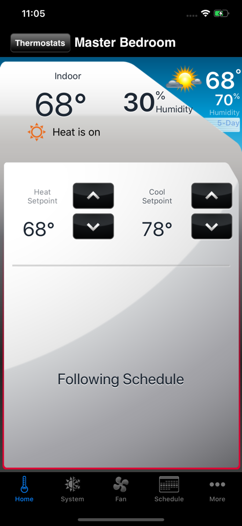Total Connect Comfort - Total Connect Comfort app interface showing indoor temperature and thermostat controls for the master bedroom
