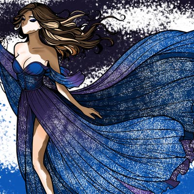 realistic woman in dress flowing the the wind