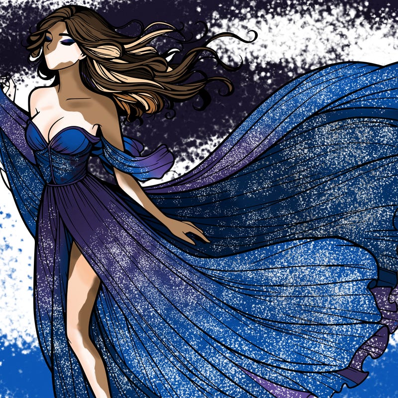 realistic woman in dress flowing the the wind