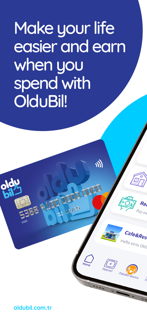 OlduBil - OlduBil mobile app interface and prepaid Mastercard