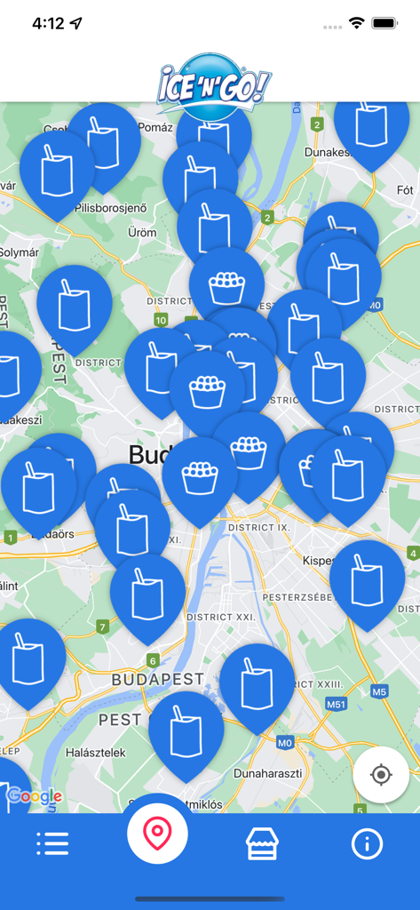 Vue de carte de l'application IceNGo montrant plusieurs emplacements de kiosques de crème glacée dans une ville