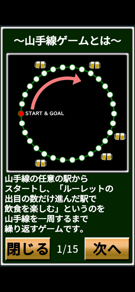 山手線ゲーム - Anleitung für die Yamanote Line Trinkspiel-App, die eine kreisförmige Bahnhofskarte mit Bier-Symbolen zeigt.