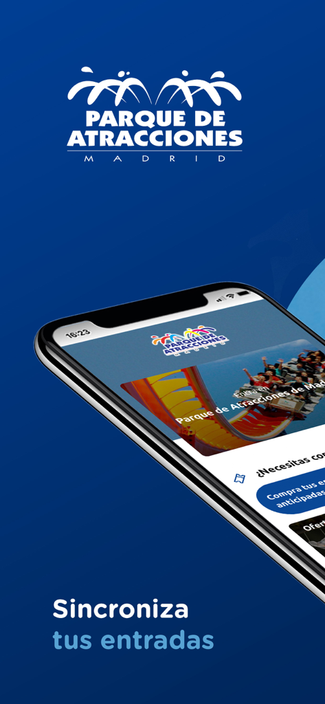 Parque de Atracciones Madrid - Smartphone exibindo o aplicativo Parque de Atrações Madrid com recurso de sincronização de bilhetes