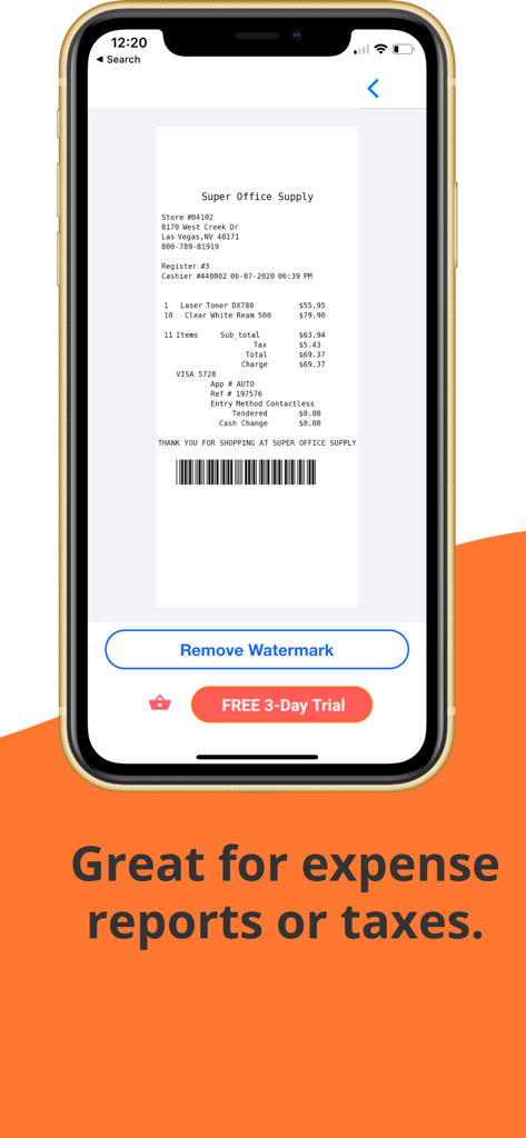 Make Receipt - Una pantalla de smartphone que muestra un recibo digital profesional de suministros de oficina