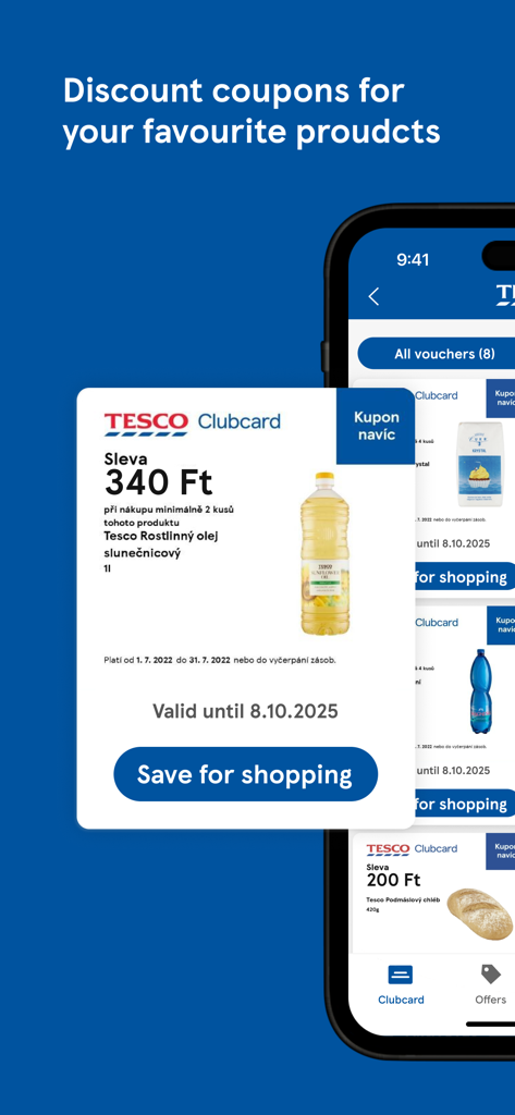 A smartphone displaying the Tesco Clubcard app with digital discount coupons for products like sunflower oil