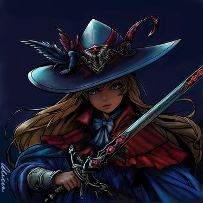 a realistic fantasy manga queen witch with a sword