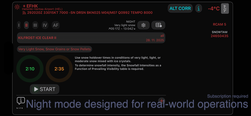 coolAltitude - coolAltitude aviation app in night mode showing de-icing holdover times and airport weather data.