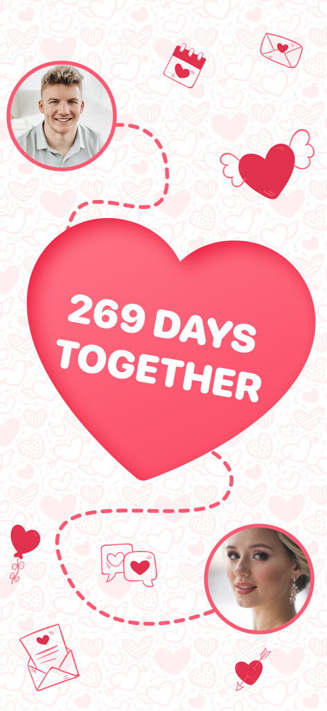 My Love - Dating Tracker - Relationship milestone screen displaying 269 days together with couple photos and a large heart
