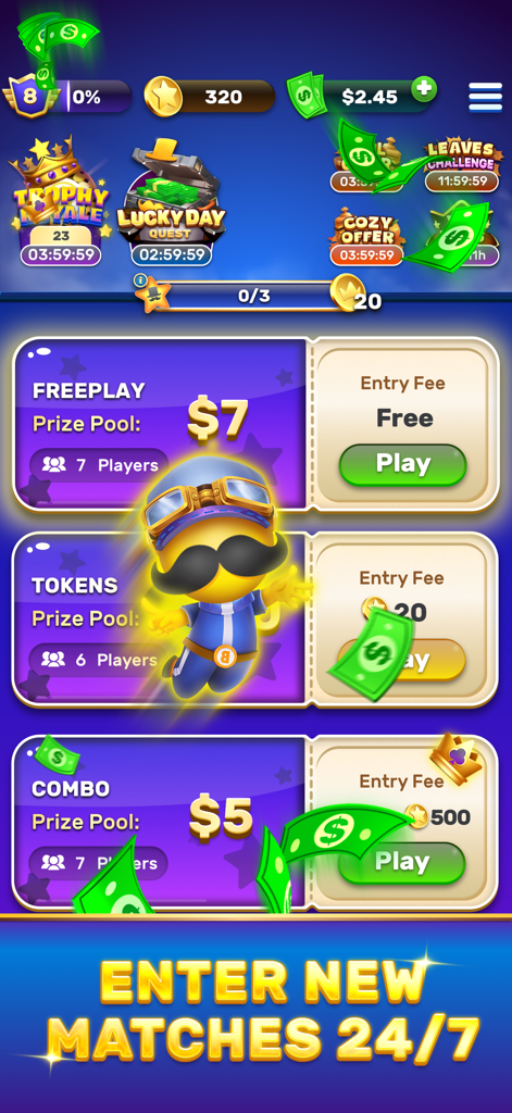 Tournament lobby in Bingo Stars app featuring various game modes with real cash prize pools and a mascot character.