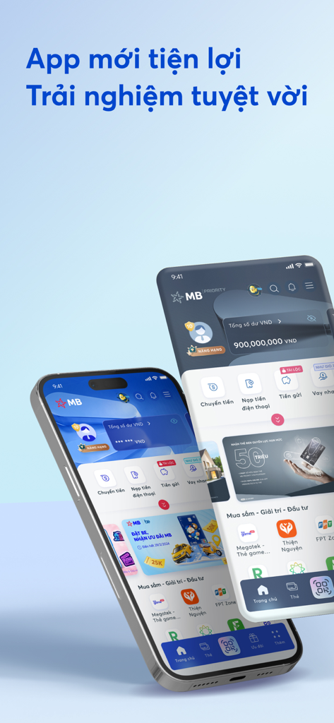 Two smartphones displaying the MB Bank mobile app interface with Vietnamese text