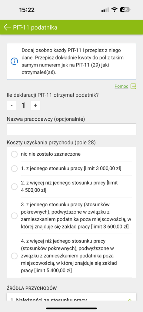 Interface of the e-pity mobile app showing the PIT-11 taxpayer form for entering Polish tax data.