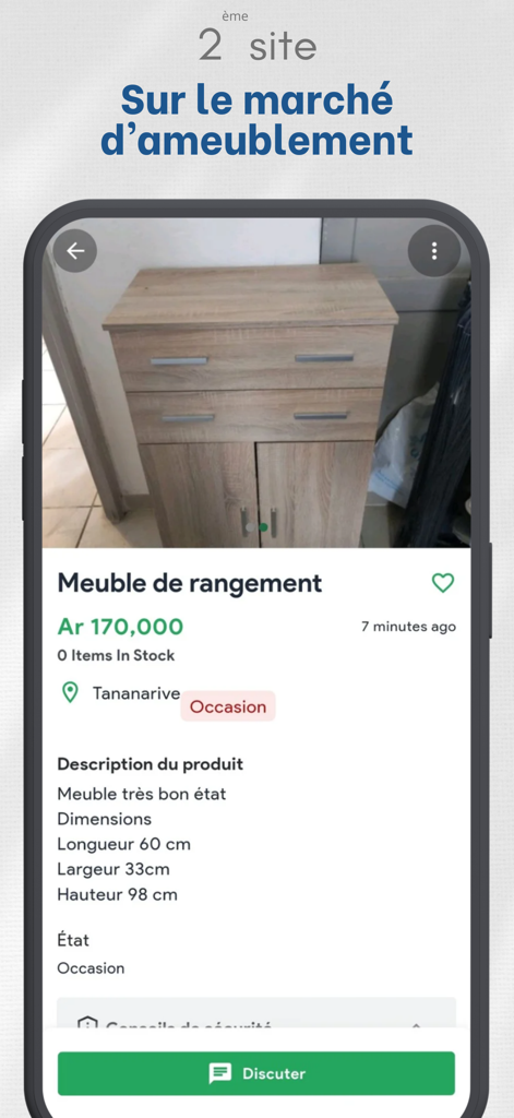 Bazar kely, petites annonces - Capture d'écran de l'application Bazar kely affichant une publicité pour une armoire d'occasion à Tananarive