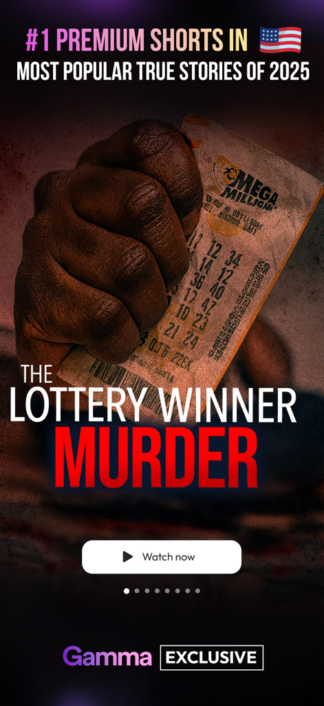 Gráfico promocional para la serie de true crime The Lottery Winner Murder en GammaTime con una mano sosteniendo un boleto de lotería