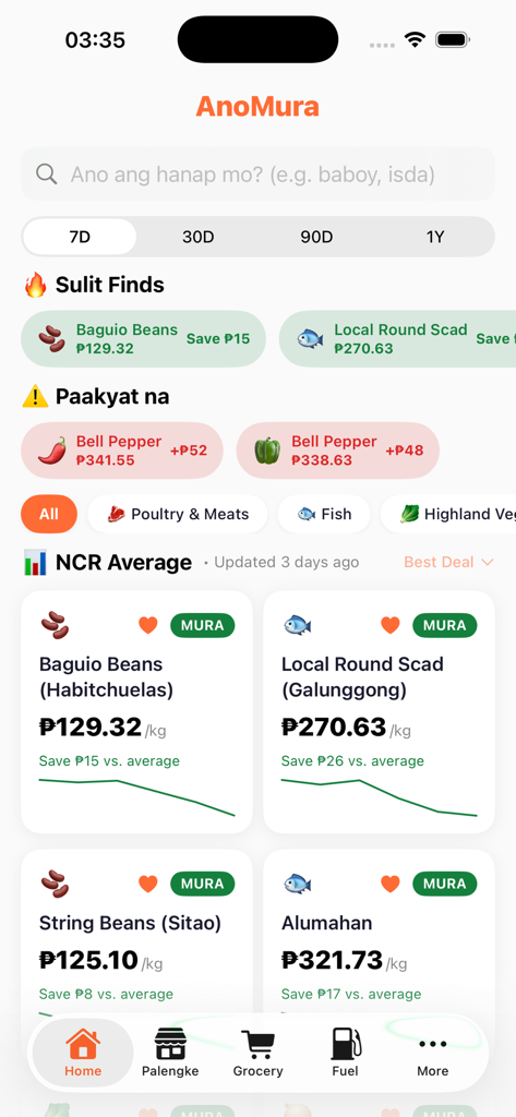 AnoMura — Price Tracker PH - AnoMura app interface showing grocery price trends and affordable deals in the Philippines