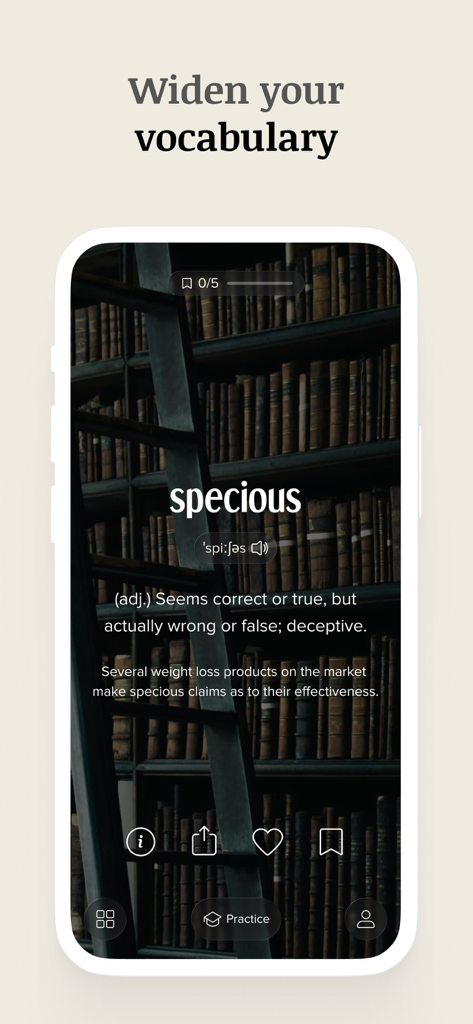 Vocabulary app screen showing the word specious and its definition against a library backdrop