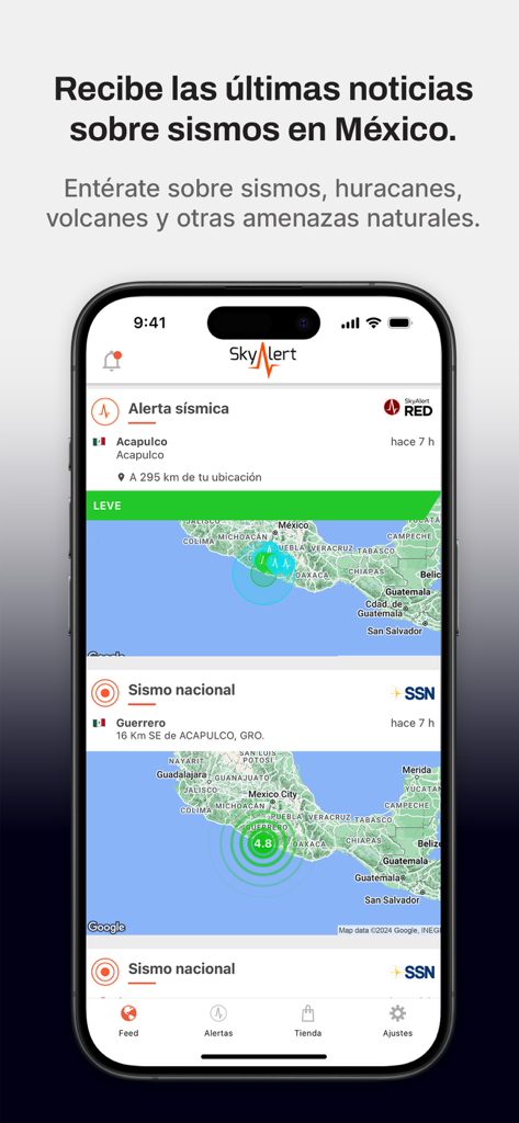 SkyAlert: Alerta Sísmica - Pantalla de la aplicación móvil SkyAlert que muestra noticias de terremotos y mapas de actividad sísmica para México.
