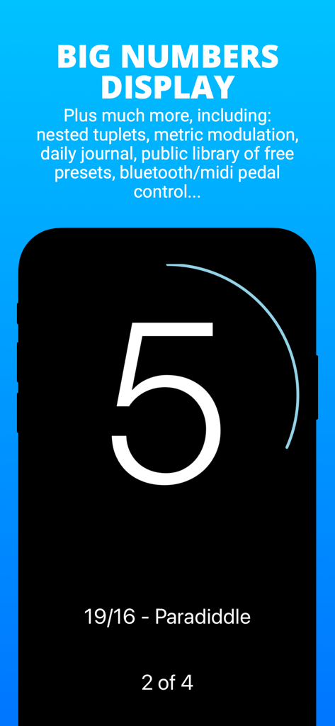 PolyNome: THE Metronome - PolyNome metronome app interface showing the big numbers display for high visibility during live music performance and practice.
