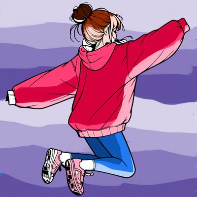 realistic girl jumping with a bun and oversized sweatshirt