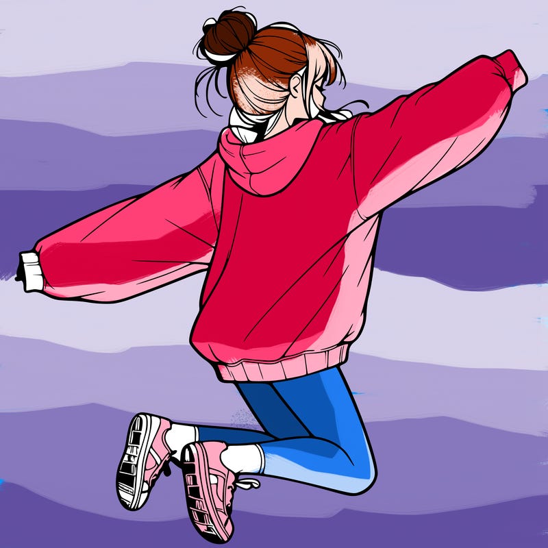 realistic girl jumping with a bun and oversized sweatshirt