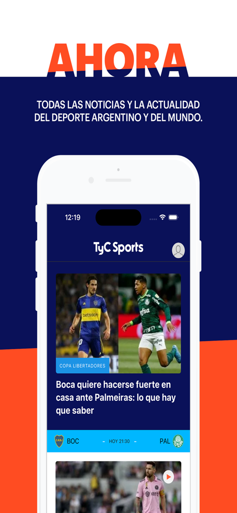 TyC Sports - TyC Sports app interface showing sports news and live updates on an iPhone screen