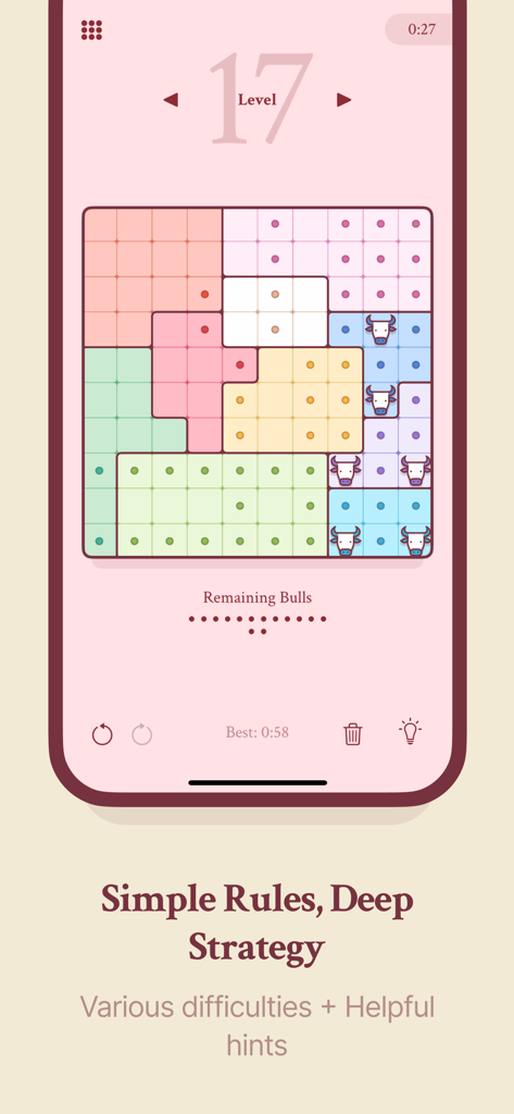 Bullpen: Logic Puzzle Game - Bullpen logic puzzle game interface featuring a colorful grid level with bull icons