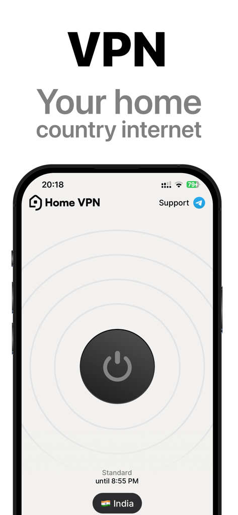 Home VPN: Fast Unlimited Proxy - Home VPN app main screen showing a connection button and selected India server