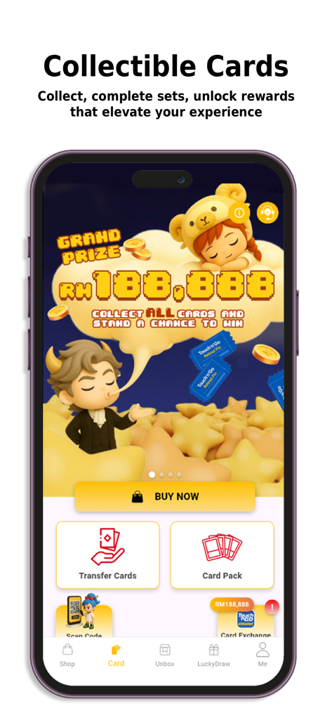 Interfaz de la aplicación Myluckymall que muestra la función de cartas coleccionables con una recompensa de gran premio y lindos personajes de dibujos animados