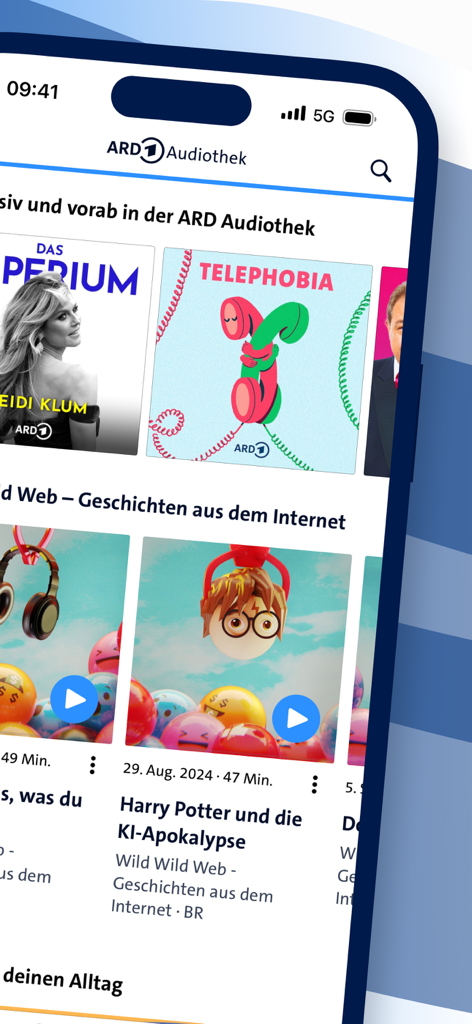 ARD Audiothek - Ein mobiler Bildschirm, der die Benutzeroberfläche der ARD Audiothek App mit verschiedenen deutschen Podcast-Kategorien und Titeln zeigt.