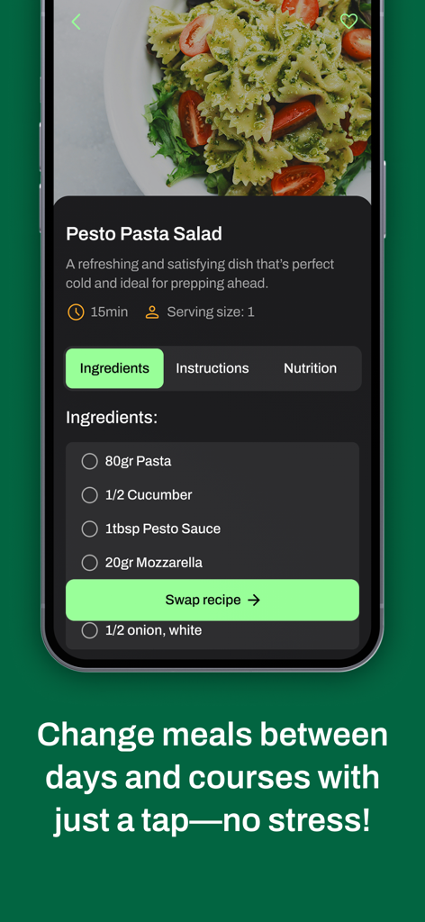 Preppd – Meal Prep & Planner - Interface do aplicativo móvel Preppd mostrando uma receita de salada de macarrão com pesto com uma lista de ingredientes e um botão para trocar a receita