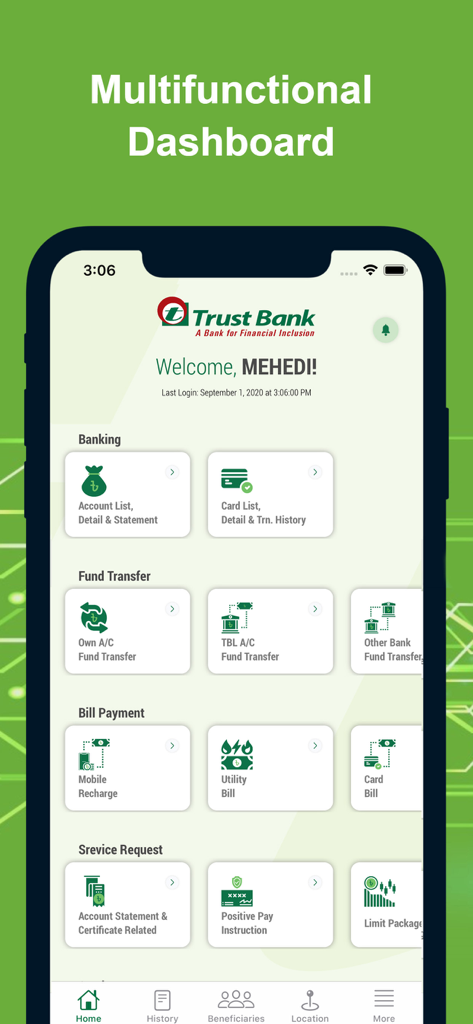Trust-Money - Trust-Money app multifunctional dashboard showing banking fund transfer and bill payment options