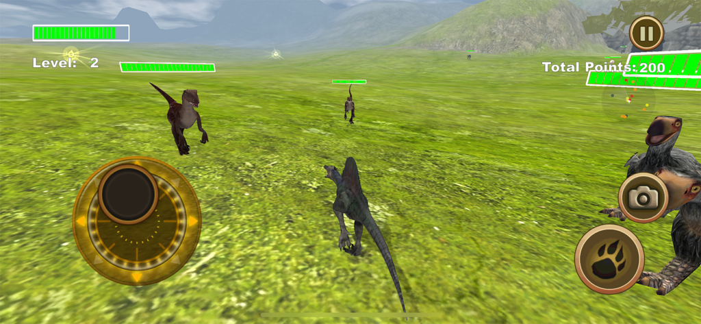 A Spinosaurus hunting other dinosaurs in a vast 3D Jurassic field