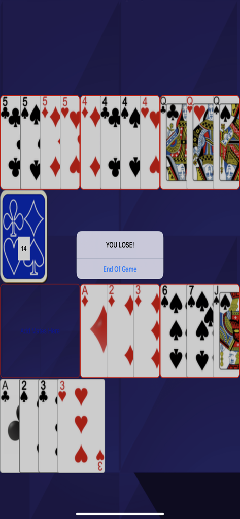 Conquian Classic - Conquian Classic game screen with a You Lose message and card combinations.