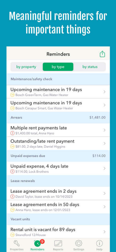 Landlordy Rent Manager - Reminders screen in Landlordy Rent Manager showing maintenance alerts, late rent payments, and lease renewal notifications.