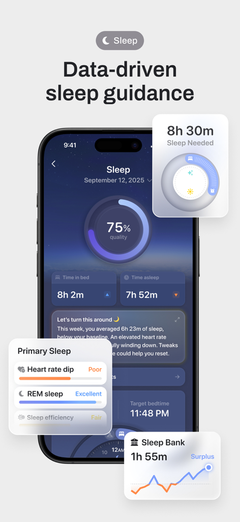 Bevel health app interface showing data-driven sleep guidance and recovery metrics