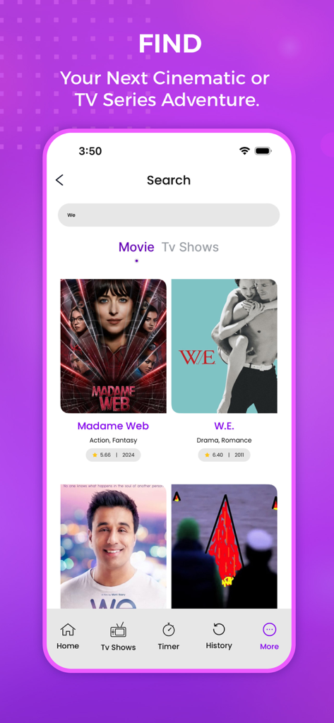 Ein Suchbildschirm in The tv app zeigt Filmergebnisse wie Madame Web und W.E. mit einer Suchleiste und Kategorie-Tabs.