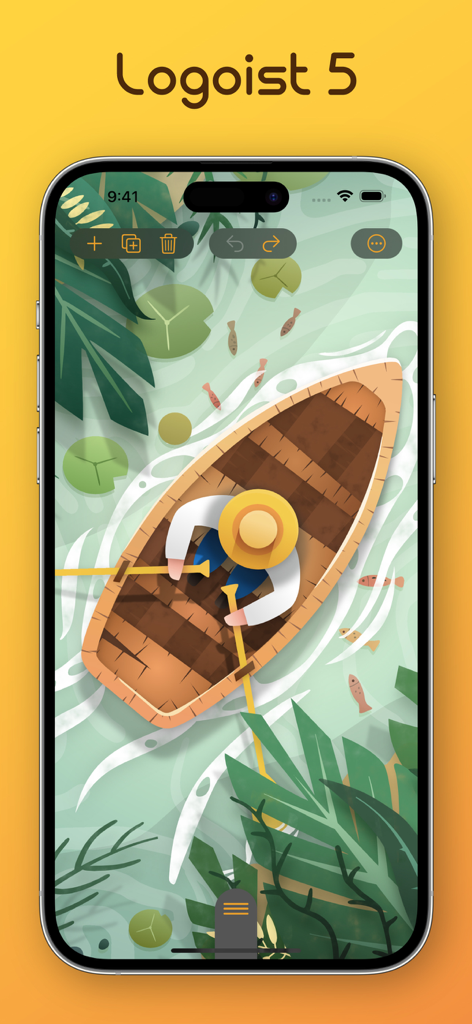 Logoist 5 - iPhone screen showing a vector illustration of a rowboat on a pond created with Logoist 5