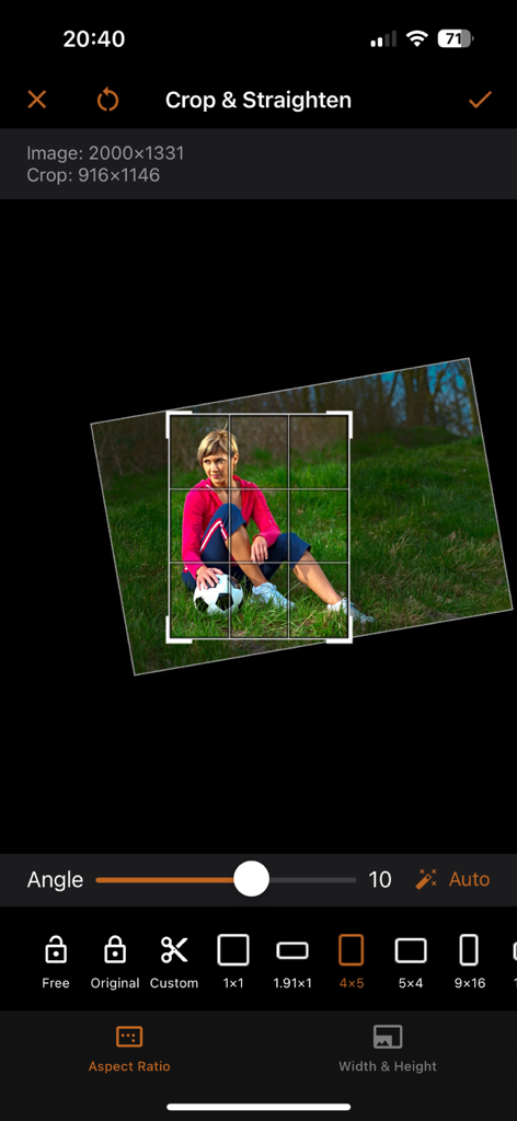 Une interface mobile pour recadrer et redresser les images avec diverses options de format dans l'application iSize.