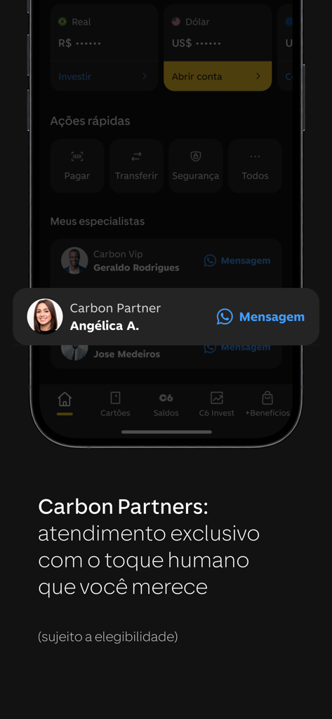 Mobile app screen of C6 Bank showing the Carbon Partners exclusive human customer service chat feature.