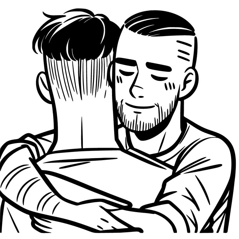 a man with a buzz cut hugging another man with short hair