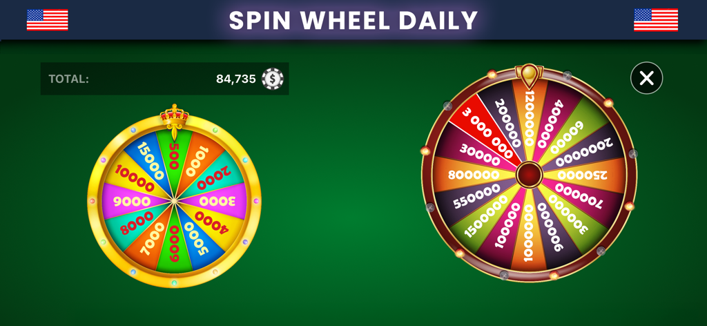 Pantalla de bonificación de rueda giratoria diaria en Roulette VIP que muestra dos ruedas de premios para ganar fichas gratis