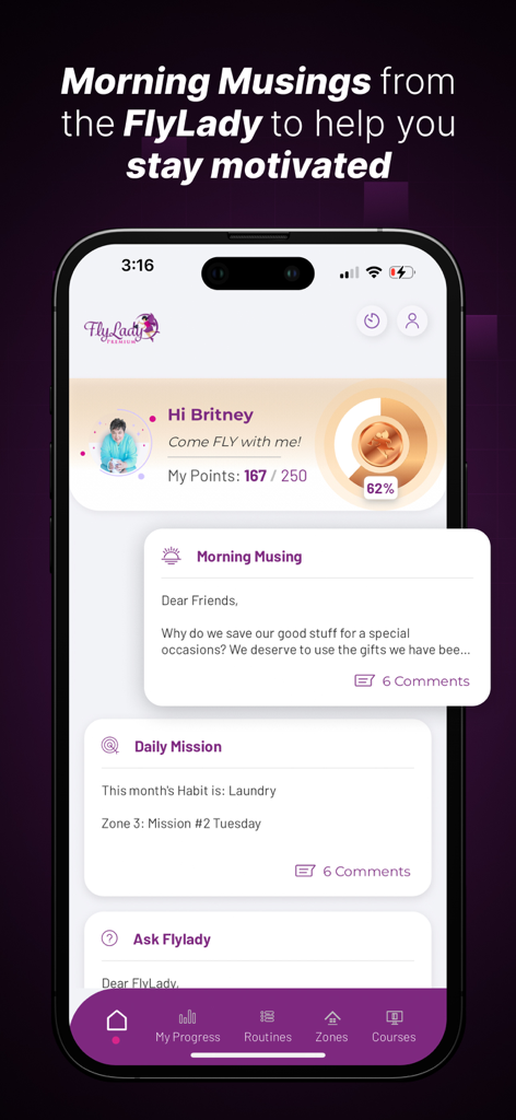 FlyLady: Routines & Cleaning - Screenshot of the FlyLady app interface featuring daily morning musings, cleaning missions, and habit progress tracking.